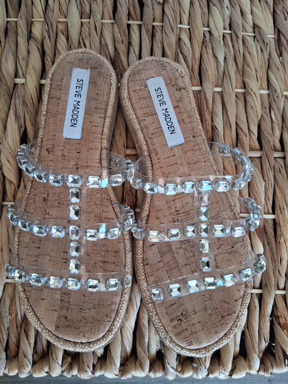 Steve Madden Sz 8 Cork Slide Sandals with Clear Jeweled Straps - Picture 5 of 8